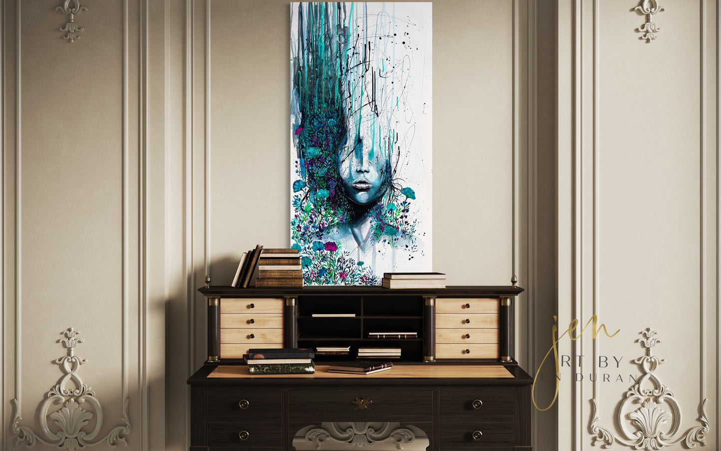 Abstract Modern Floral Woman Watercolor Canvas Wall Art Painting by Jen Duran
