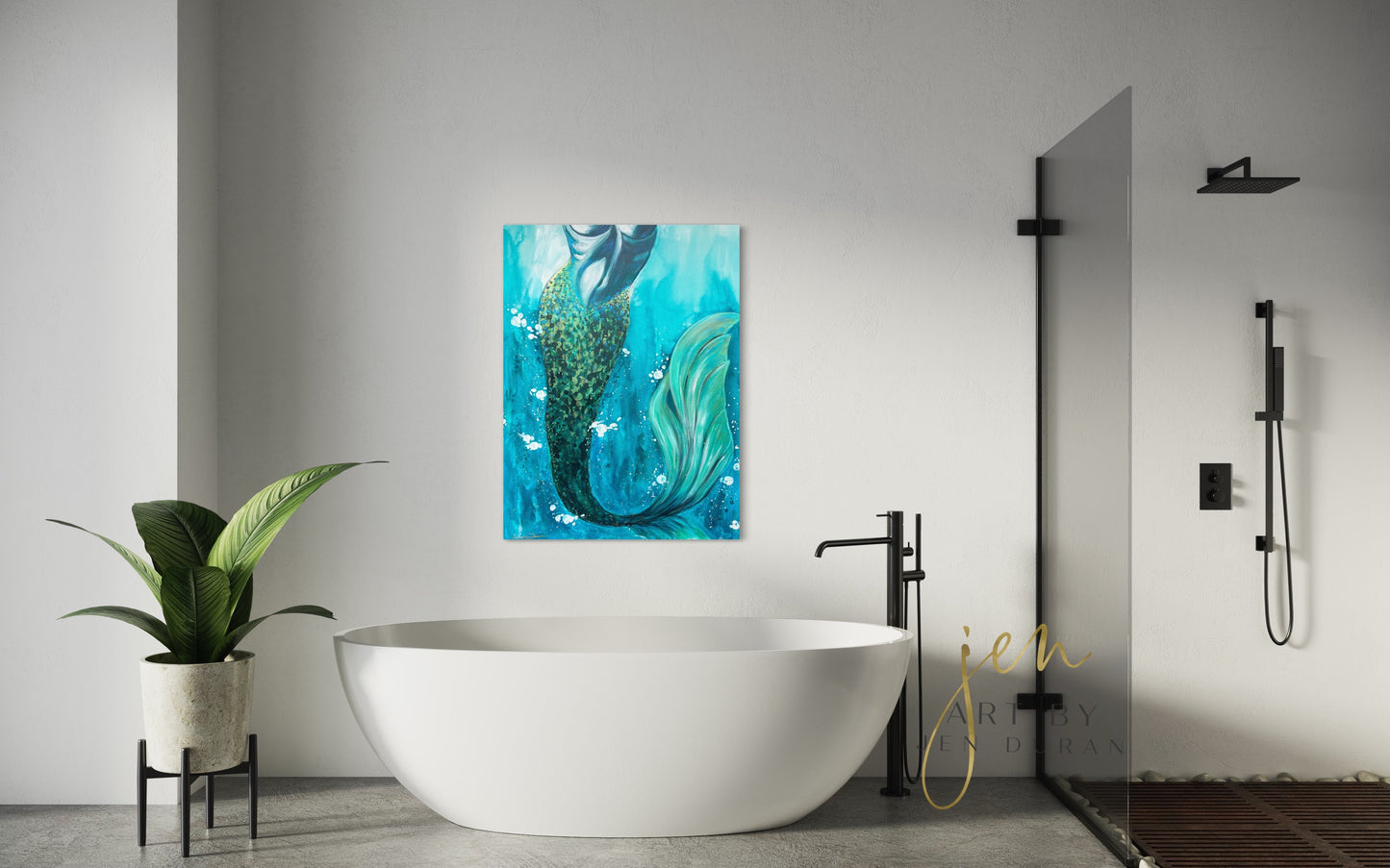 Beautiful Blue Teal Ocean Mermaid Tail Canvas Art By Jen Duran