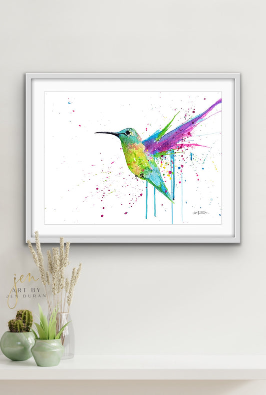 Hummingbird Rainbow Splash Fine Art Paper Print | Wall Art Home Decor