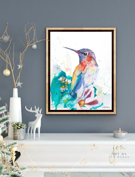 "Hummingbird with Flowers" - Giclée Canvas Print