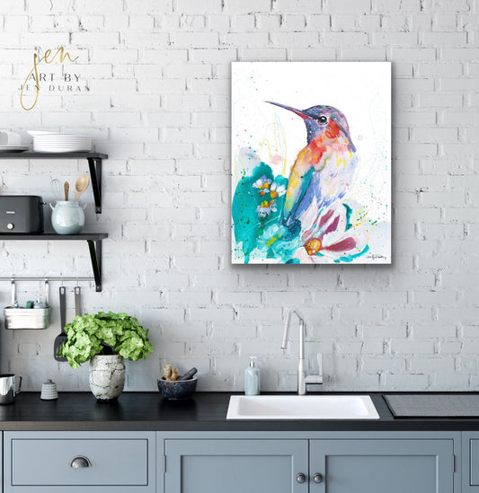 "Hummingbird with Flowers" - Giclée Canvas Print