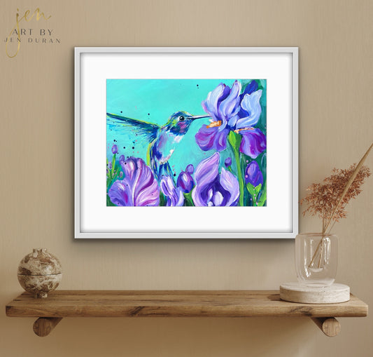 "Hummingbird with Irises" Fine Art Paper Print