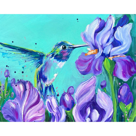"Hummingbird with Irises" Fine Art Paper Print