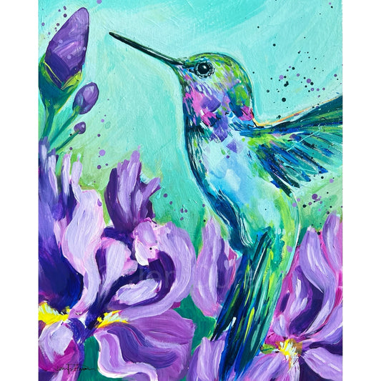 "Hummingbird with Irises" #3 Fine Art Paper Print