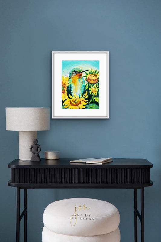 "Hummingbird with Sunflowers" Fine Art Paper Print