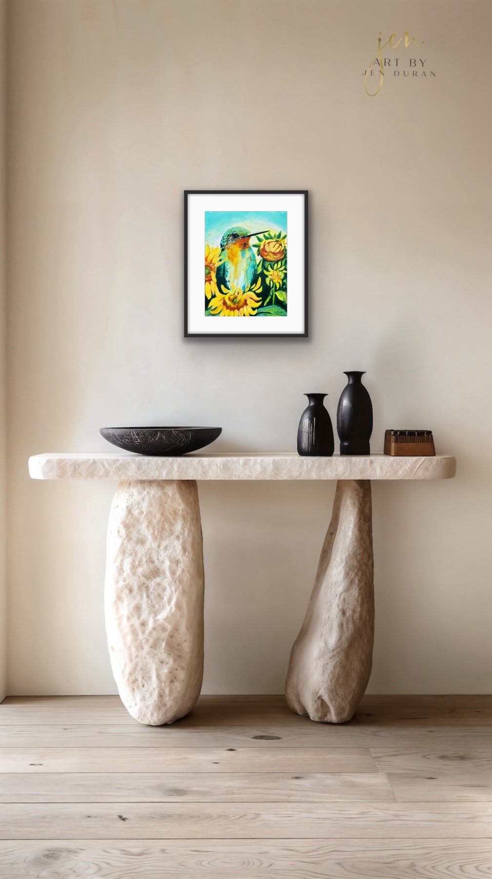 "Hummingbird with Sunflowers" Fine Art Paper Print
