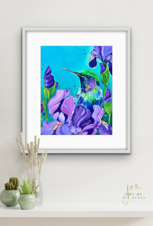 "Hummingbird with Irises" #2 Fine Art Paper Print