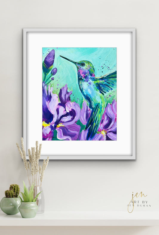 "Hummingbird with Irises" #3 Fine Art Paper Print