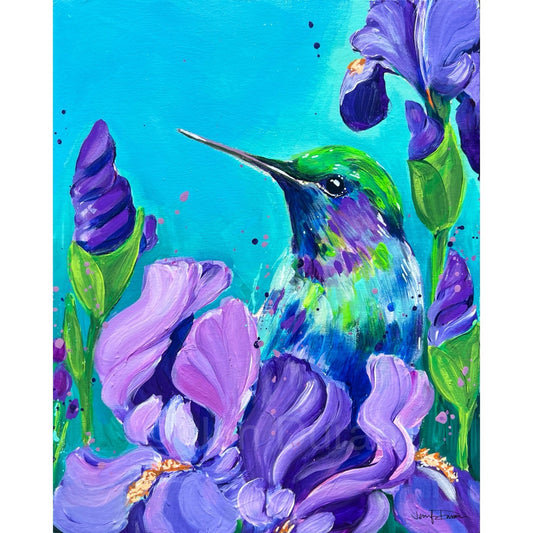 "Hummingbird with Irises" #2 Fine Art Paper Print