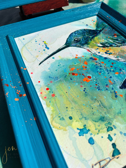 Blue Hummingbird Watercolor Art Home Decor Wall Art Original Painting By Jen Duran