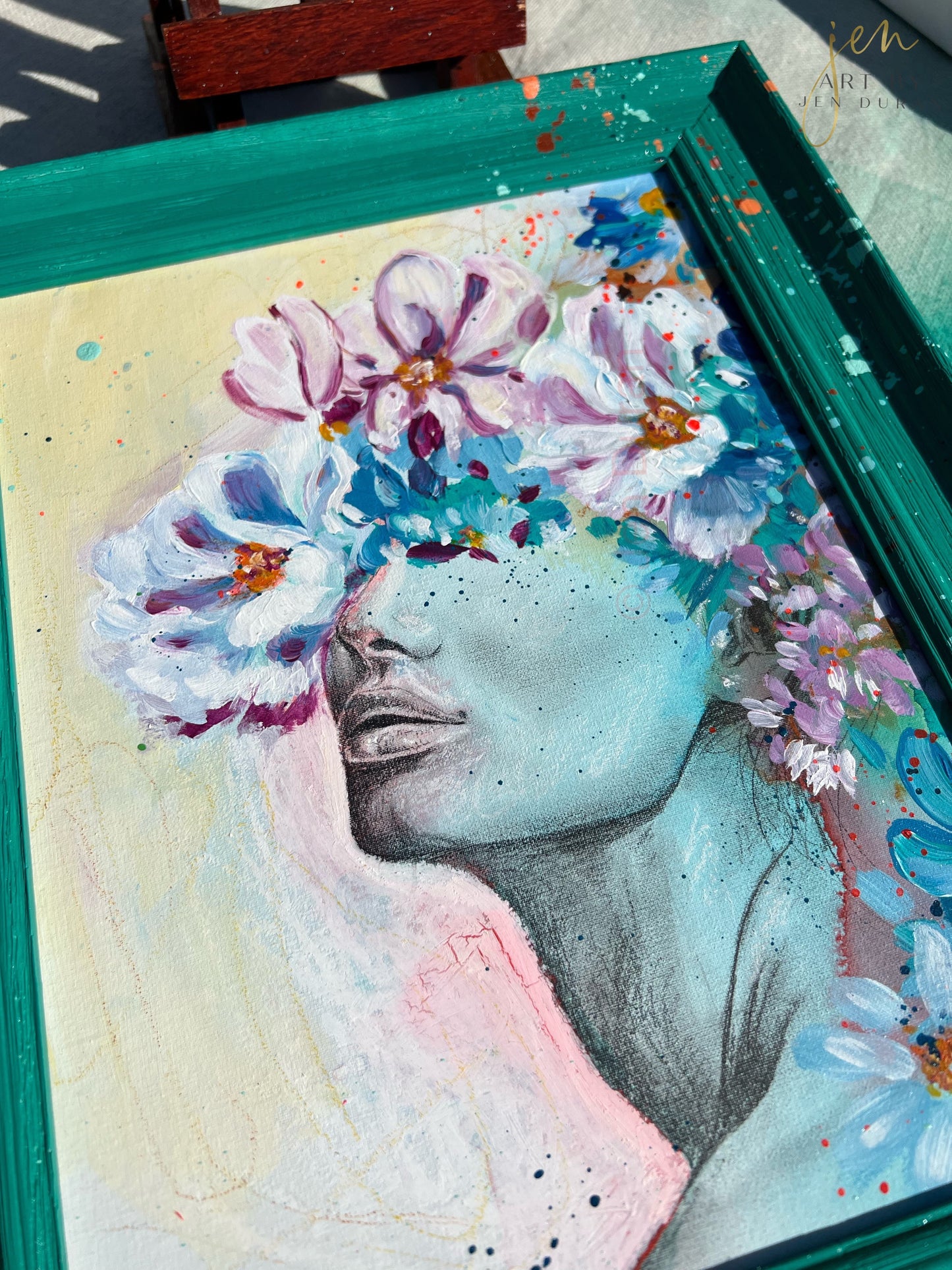 modern watercolor and mixed media painting on canvas floral woman feminie home decor art by jen duran