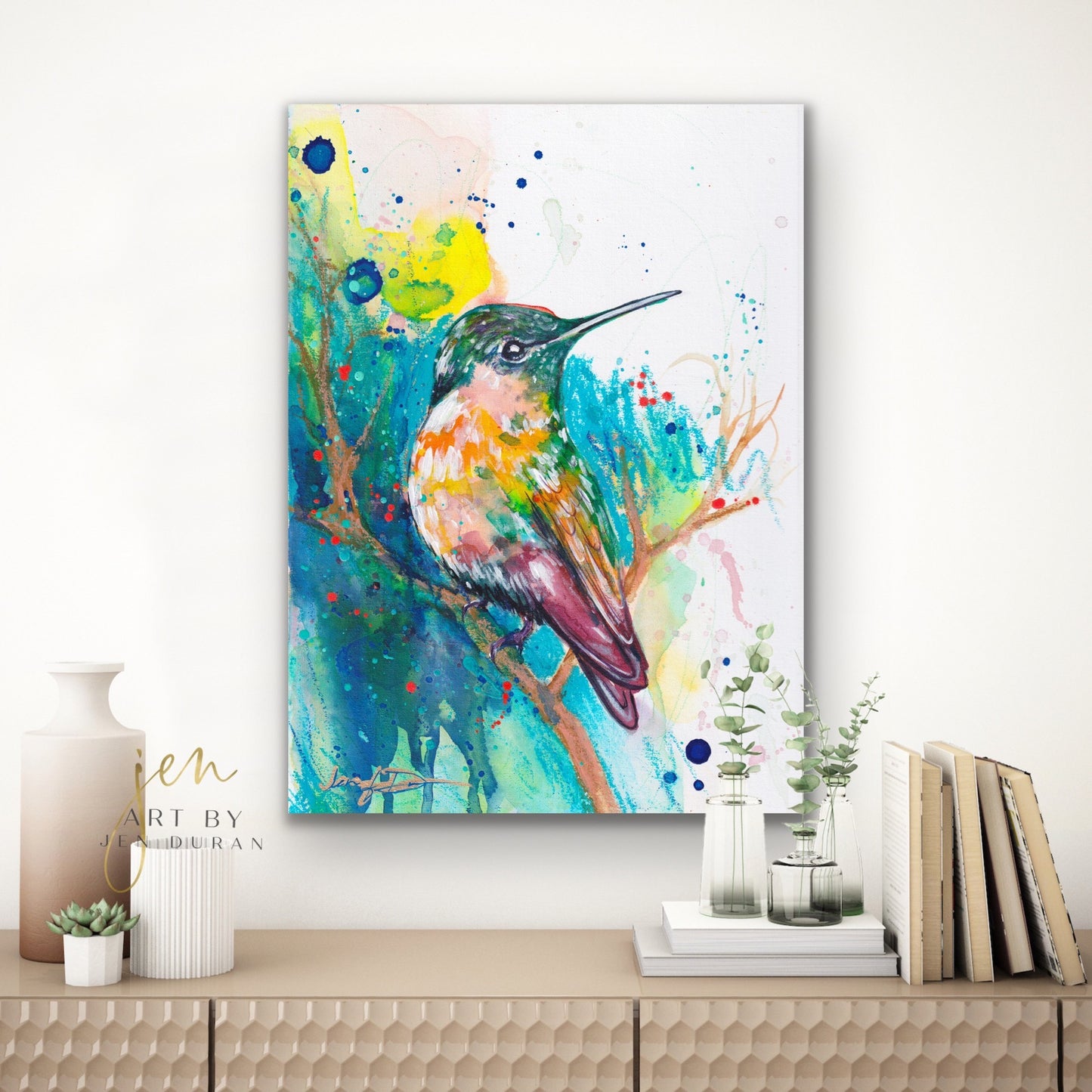 modern canvas wall art, modern art, hummingbird art, watercolor bird art, floral art print, canvas wall art, wall art, home decor, modern art print, art for walls, unique home decor, best gift, bird art print, art by jen duran