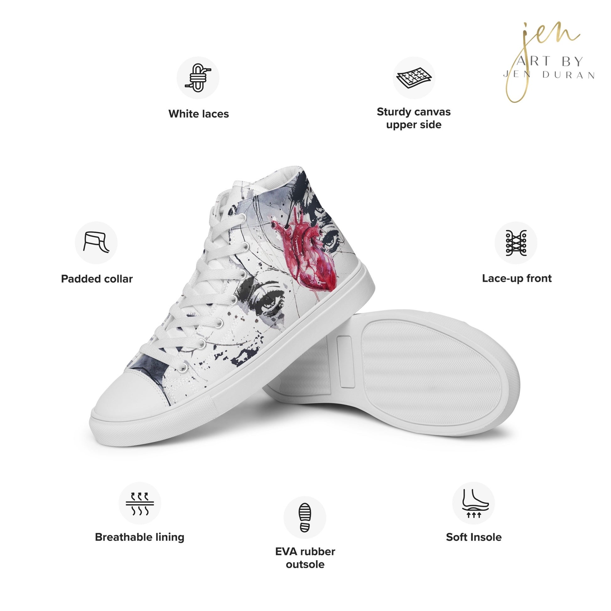 high top shoes, high top sneakers, canvas shoes, trendy shoes, trendy fashion, unique shoe design, mens shoes, womens shoes, art by jen duran