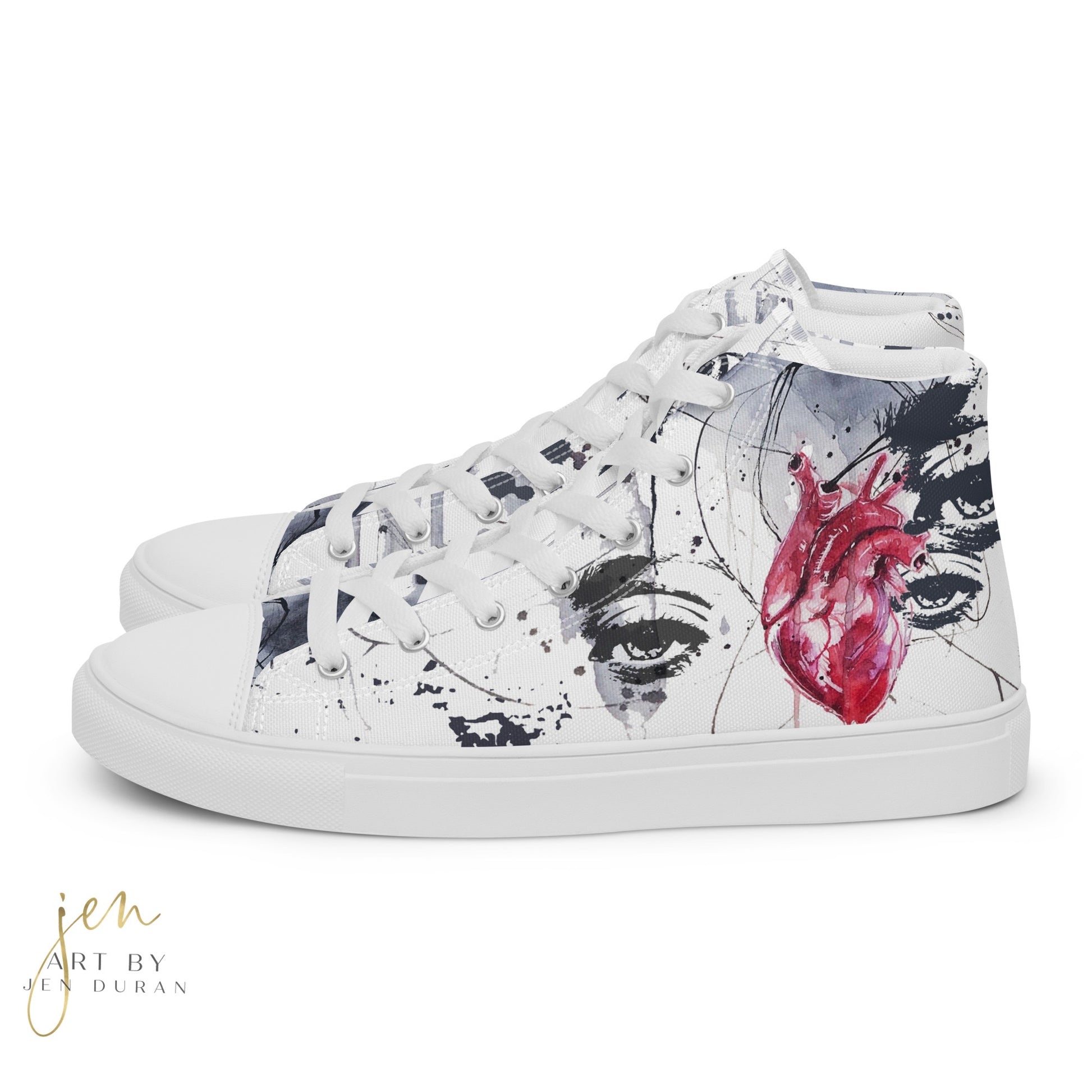 high top shoes, high top sneakers, canvas shoes, trendy fashion, trendy shoes, eye design, popular shoes, unique shoe design, mens shoes, womens shoes, art by jen duran