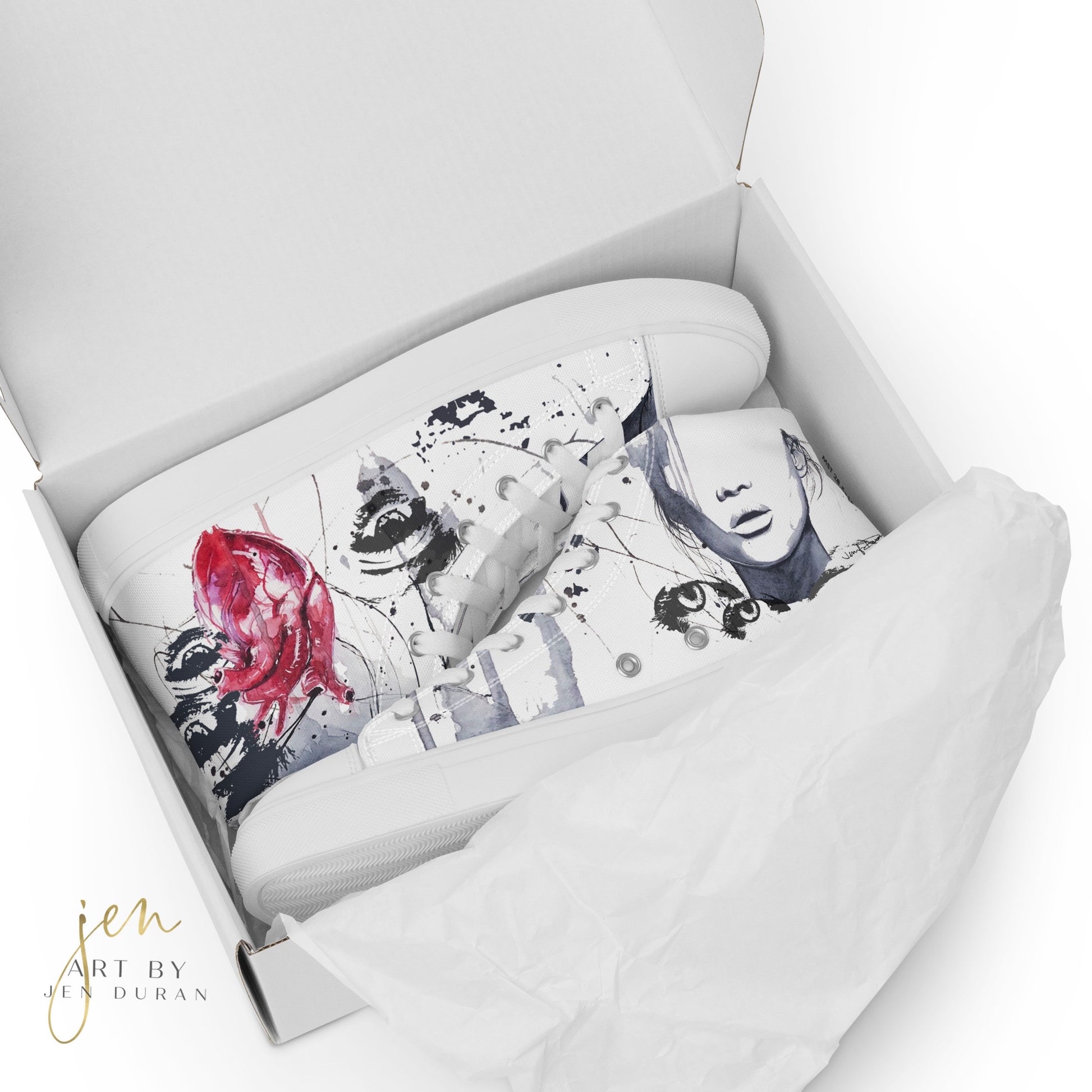 high top shoes, high top sneakers, canvas shoes, trendy fashion, trendy shoes, eye design, popular shoes, unique shoe design, mens shoes, womens shoes, art by jen duran