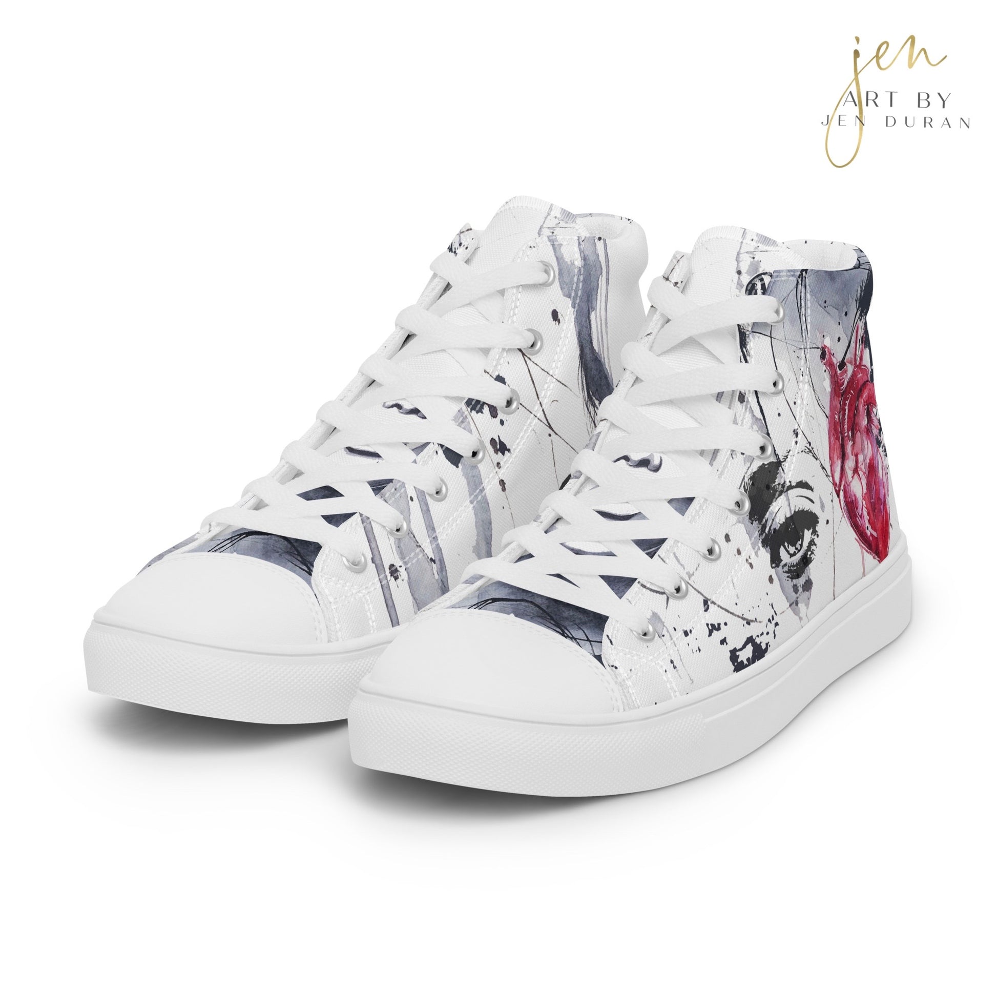 high top shoes, high top sneakers, canvas shoes, trendy fashion, trendy shoes, eye design, popular shoes, unique shoe design, mens shoes, womens shoes, art by jen duran