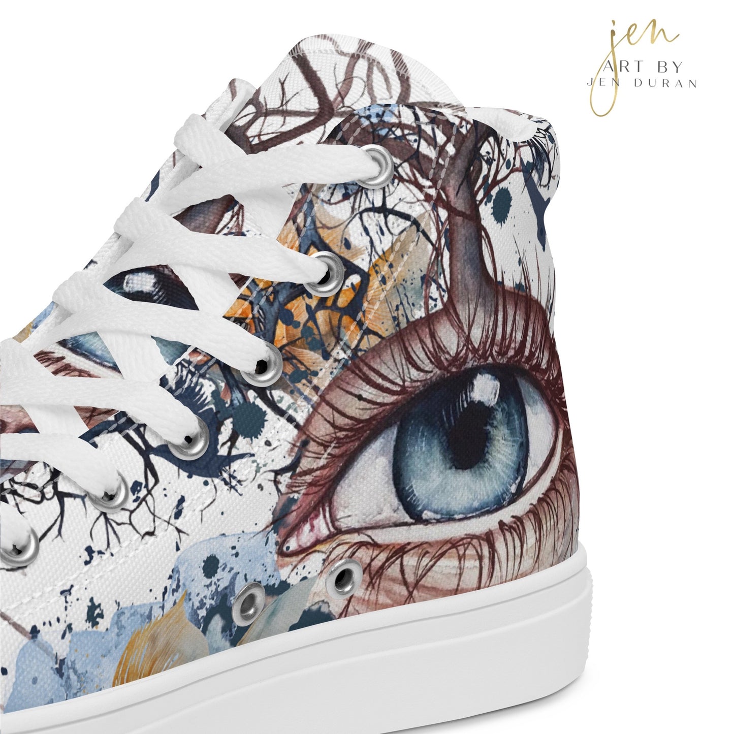high top shoes, high top sneakers, canvas shoes, trendy shoes, eye design, popular shoes, unique shoe design, mens shoes, womens shoes, art by jen duran