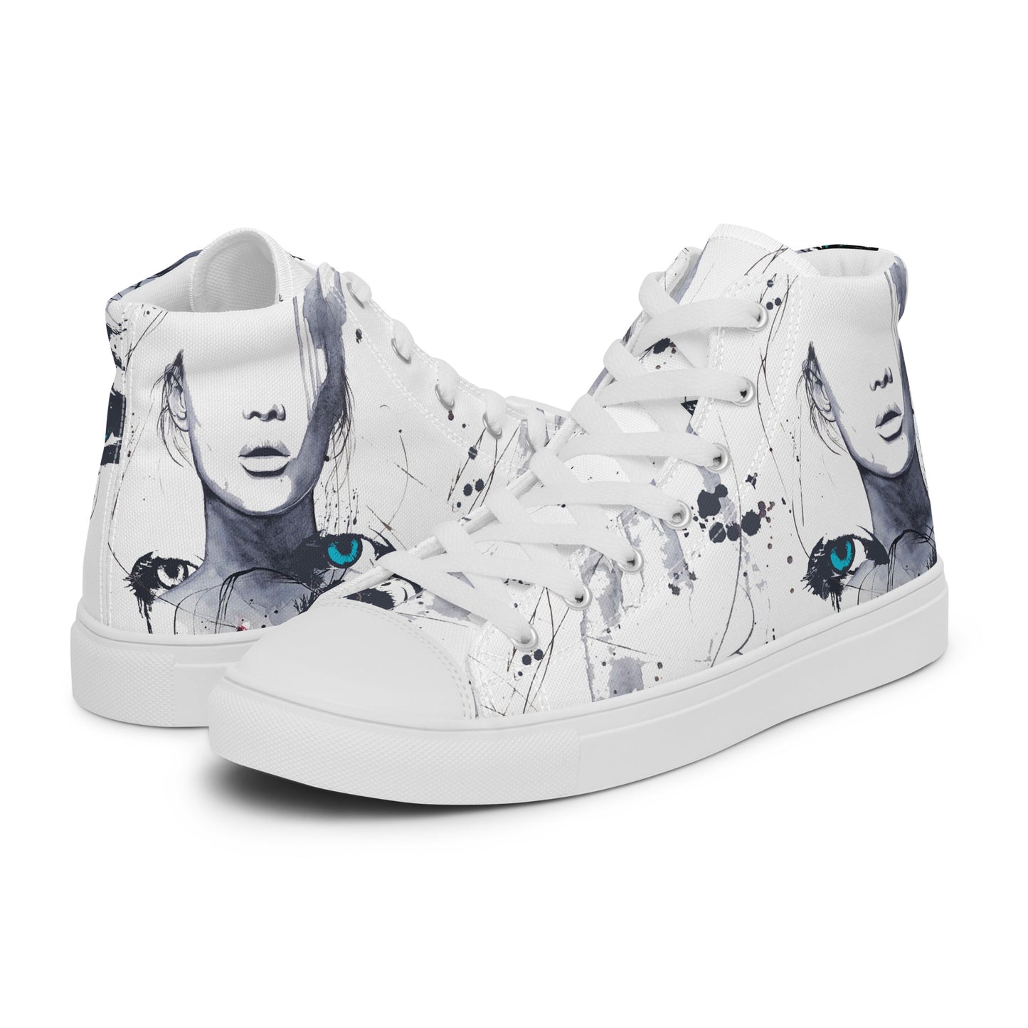 high top shoes, high top sneakers, canvas shoes, trendy shoes, eye design, popular shoes, unique shoe design, mens shoes, womens shoes, art by jen duran