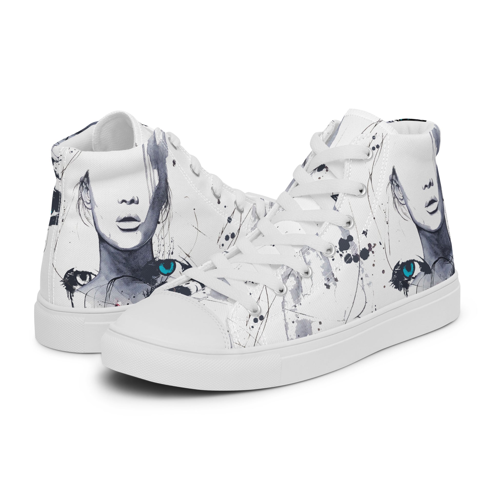 high top shoes, high top sneakers, canvas shoes, trendy shoes, eye design, popular shoes, unique shoe design, mens shoes, womens shoes, art by jen duran
