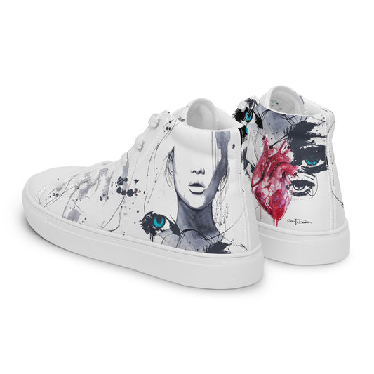 high top shoes, high top sneakers, canvas shoes, trendy shoes, eye design, popular shoes, unique shoe design, mens shoes, womens shoes, art by jen duran