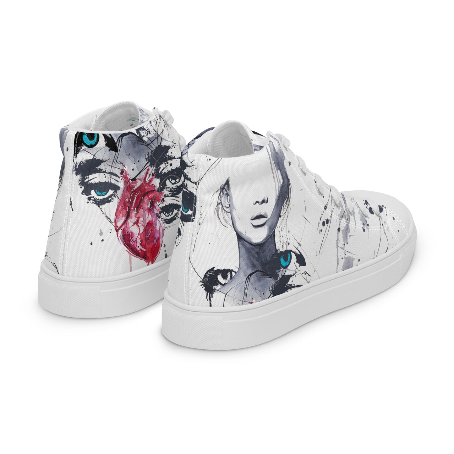 high top shoes, high top sneakers, canvas shoes, trendy shoes, eye design, popular shoes, unique shoe design, mens shoes, womens shoes, art by jen duran