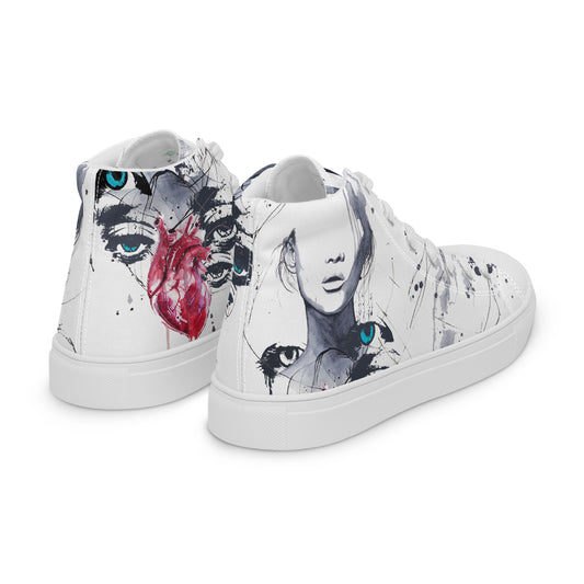 high top shoes, high top sneakers, canvas shoes, trendy shoes, eye design, popular shoes, unique shoe design, mens shoes, womens shoes, art by jen duran