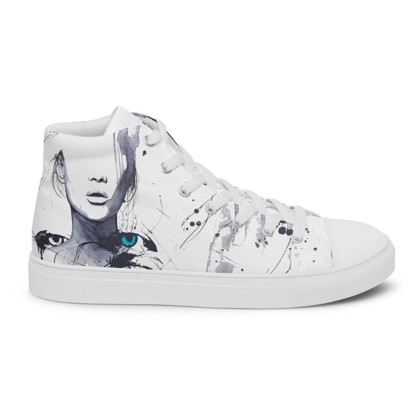 high top shoes, high top sneakers, canvas shoes, trendy shoes, eye design, popular shoes, unique shoe design, mens shoes, womens shoes, art by jen duran