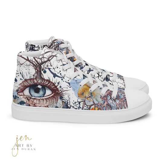 high top shoes, high top sneakers, canvas shoes, trendy shoes, eye design, popular shoes, unique shoe design, mens shoes, womens shoes, art by jen duran