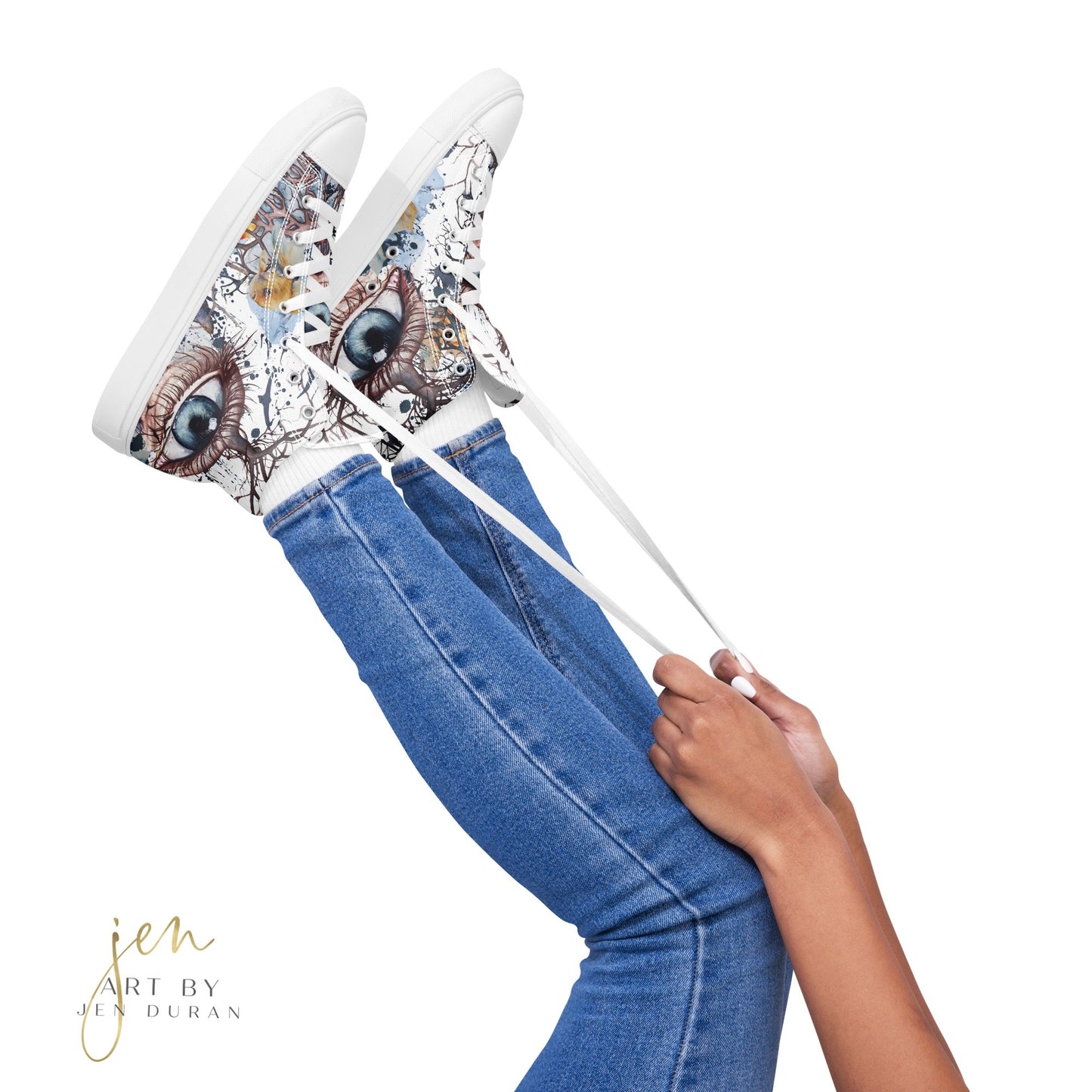 high top shoes, high top sneakers, canvas shoes, trendy shoes, eye design, popular shoes, unique shoe design, mens shoes, womens shoes, art by jen duran