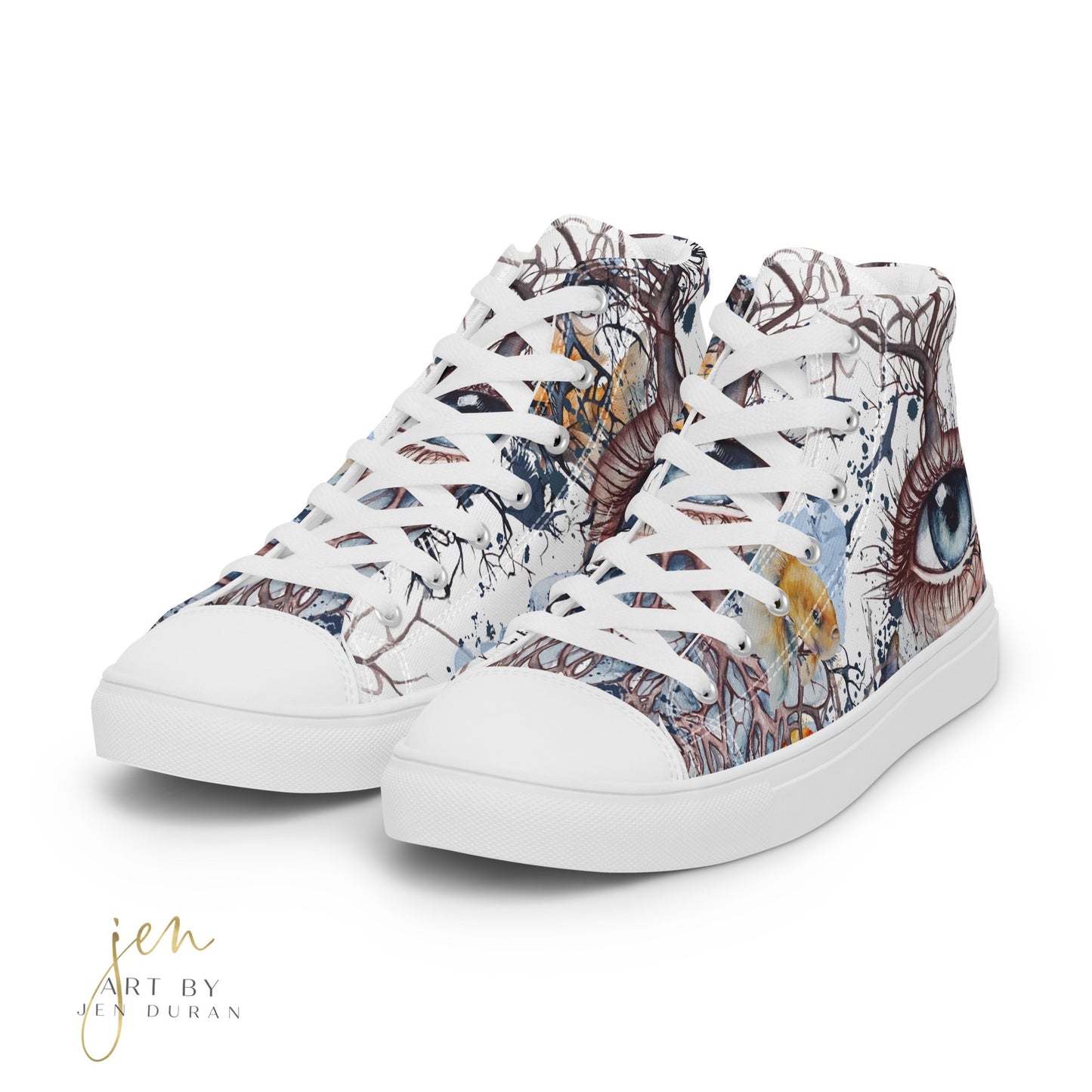 high top shoes, high top sneakers, canvas shoes, trendy shoes, eye design, popular shoes, unique shoe design, mens shoes, womens shoes, art by jen duran