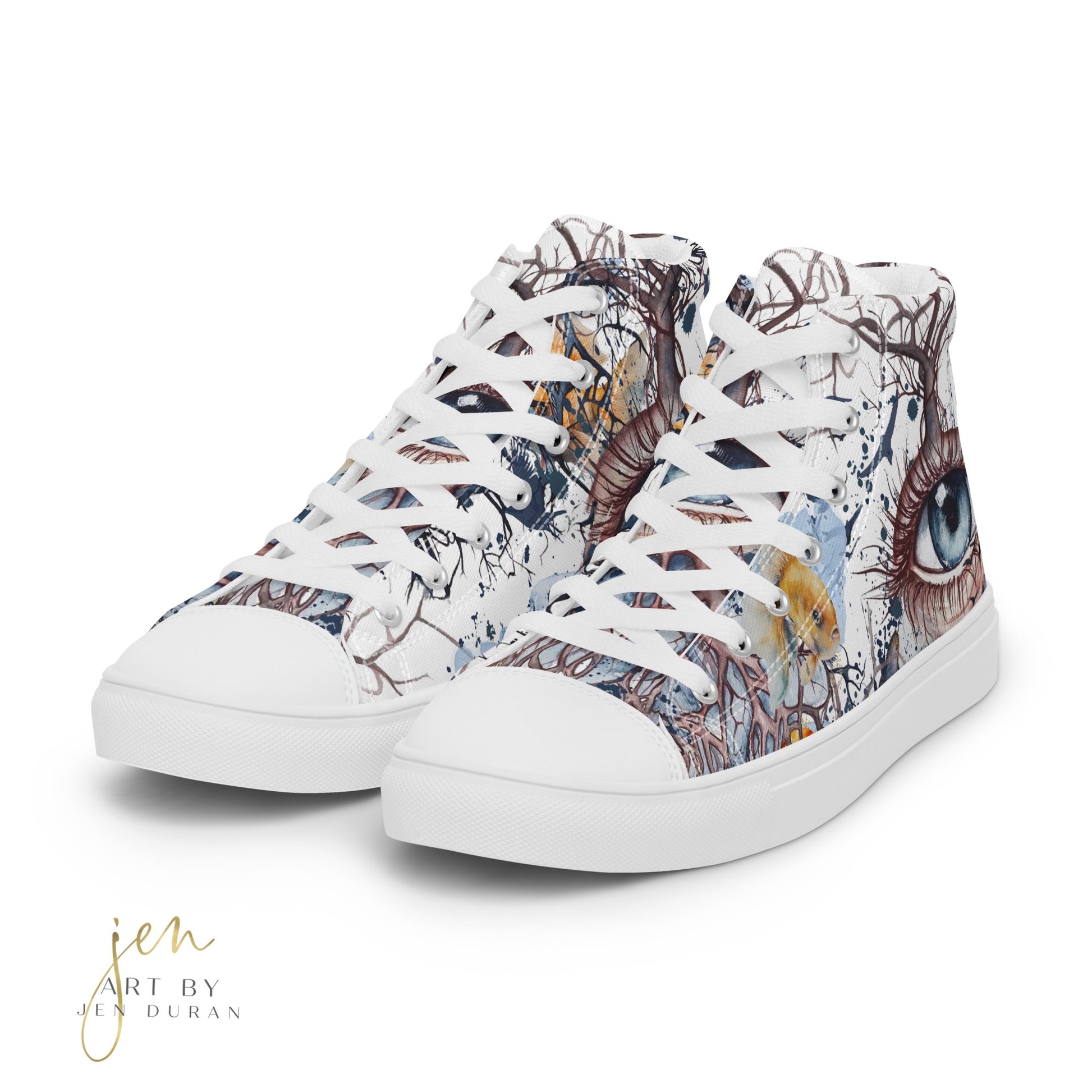 high top shoes, high top sneakers, canvas shoes, trendy shoes, eye design, popular shoes, unique shoe design, mens shoes, womens shoes, art by jen duran