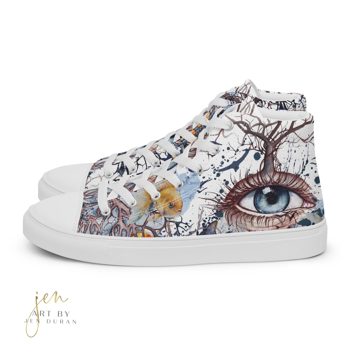 high top shoes, high top sneakers, canvas shoes, trendy shoes, eye design, popular shoes, unique shoe design, mens shoes, womens shoes, art by jen duran