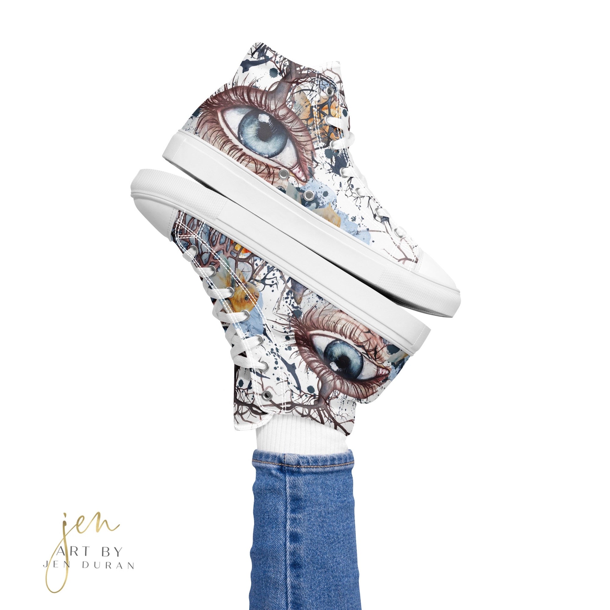 high top shoes, high top sneakers, canvas shoes, trendy shoes, eye design, popular shoes, unique shoe design, mens shoes, womens shoes, art by jen duran