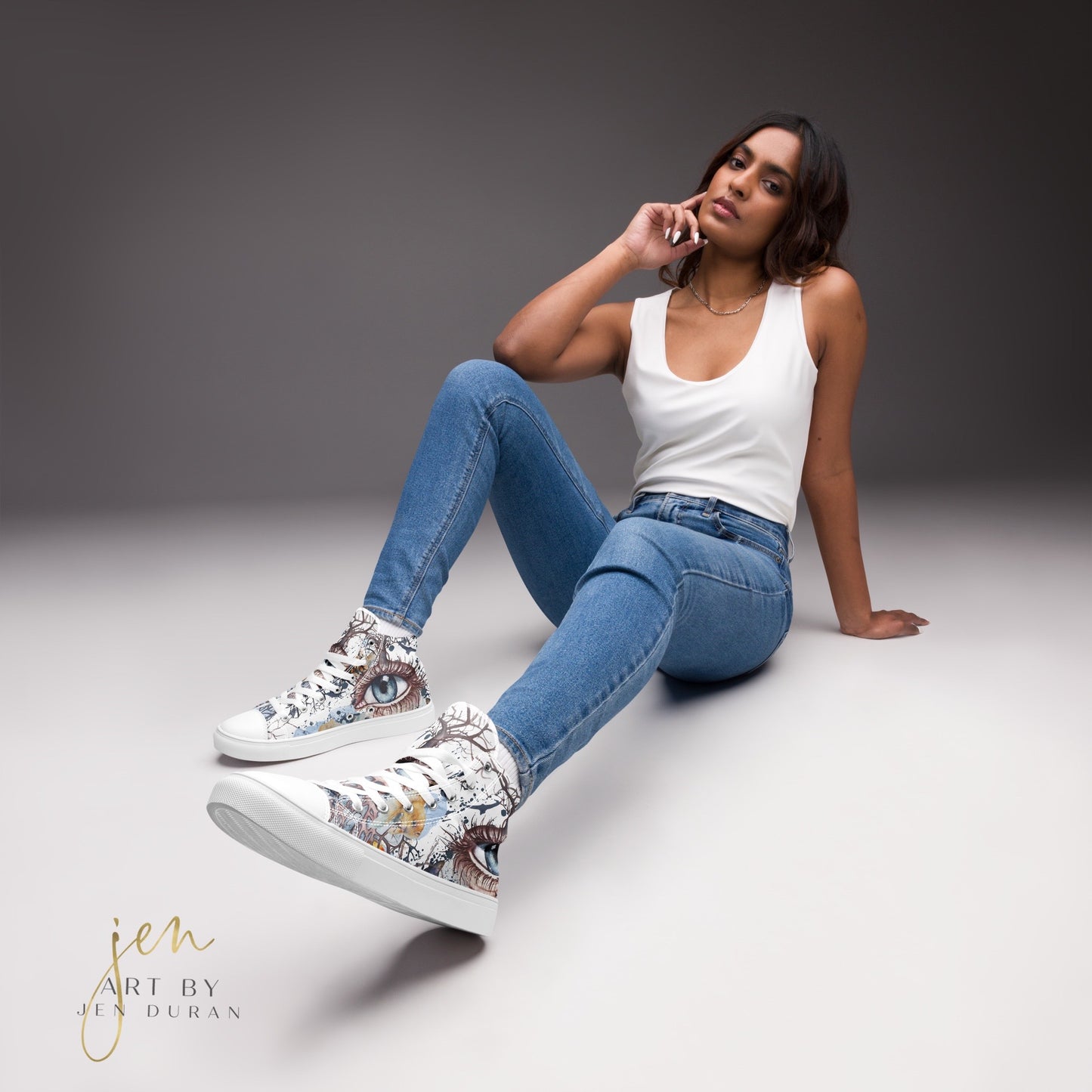 high top shoes, high top sneakers, canvas shoes, trendy shoes, eye design, popular shoes, unique shoe design, mens shoes, womens shoes, art by jen duran