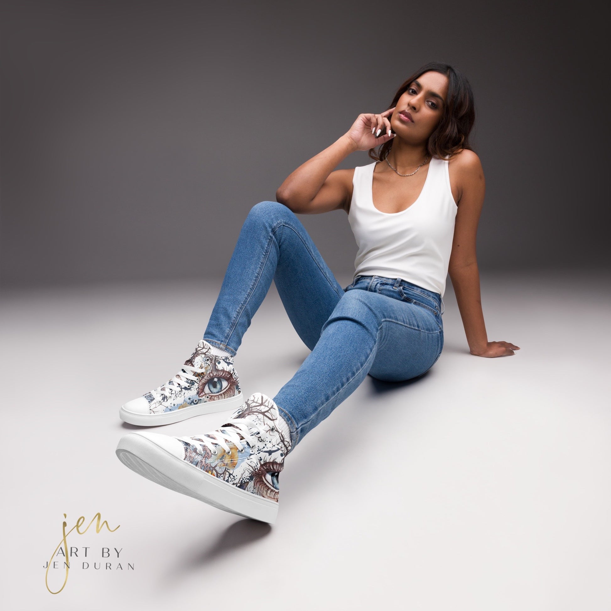 high top shoes, high top sneakers, canvas shoes, trendy shoes, eye design, popular shoes, unique shoe design, mens shoes, womens shoes, art by jen duran