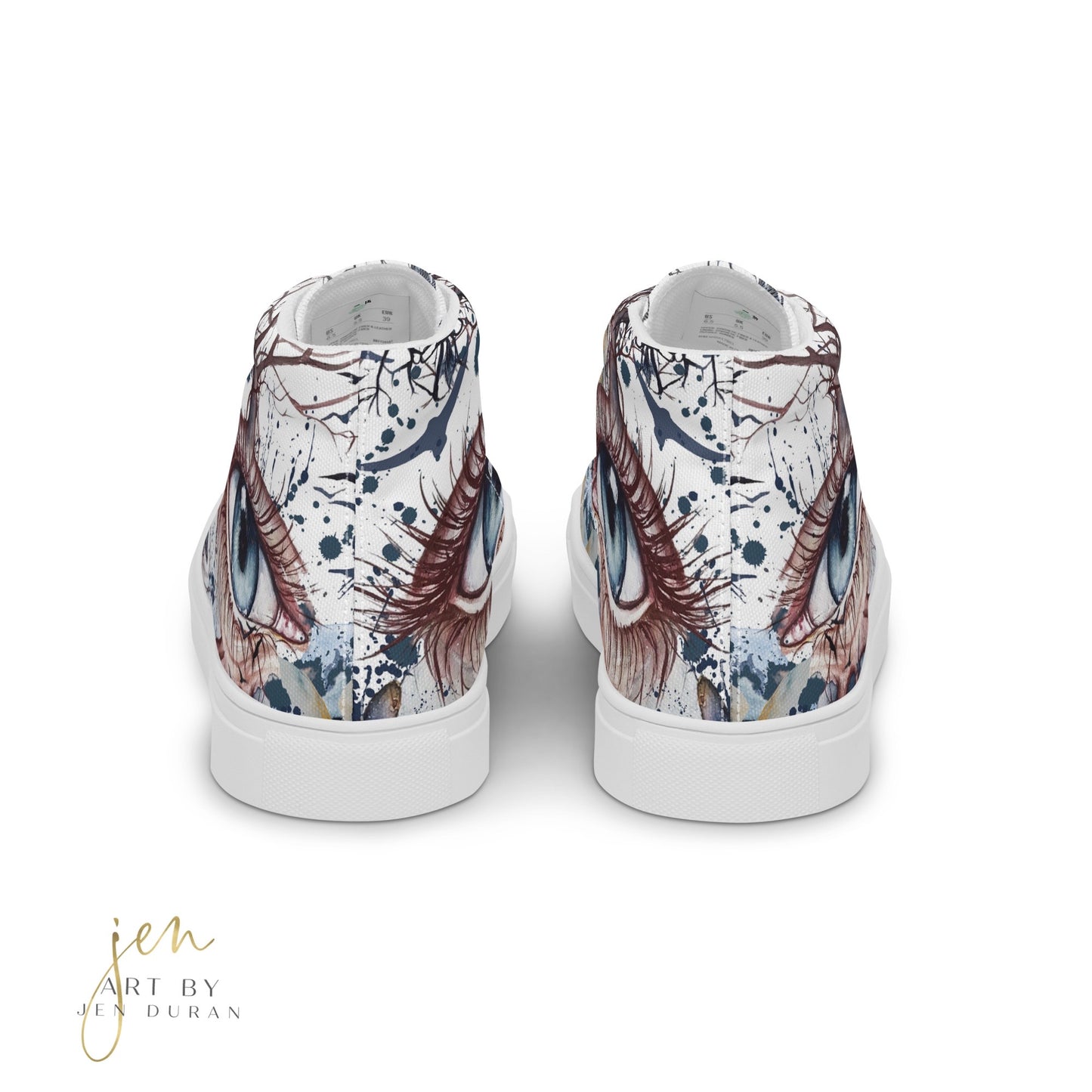 high top shoes, high top sneakers, canvas shoes, trendy shoes, eye design, popular shoes, unique shoe design, mens shoes, womens shoes, art by jen duran