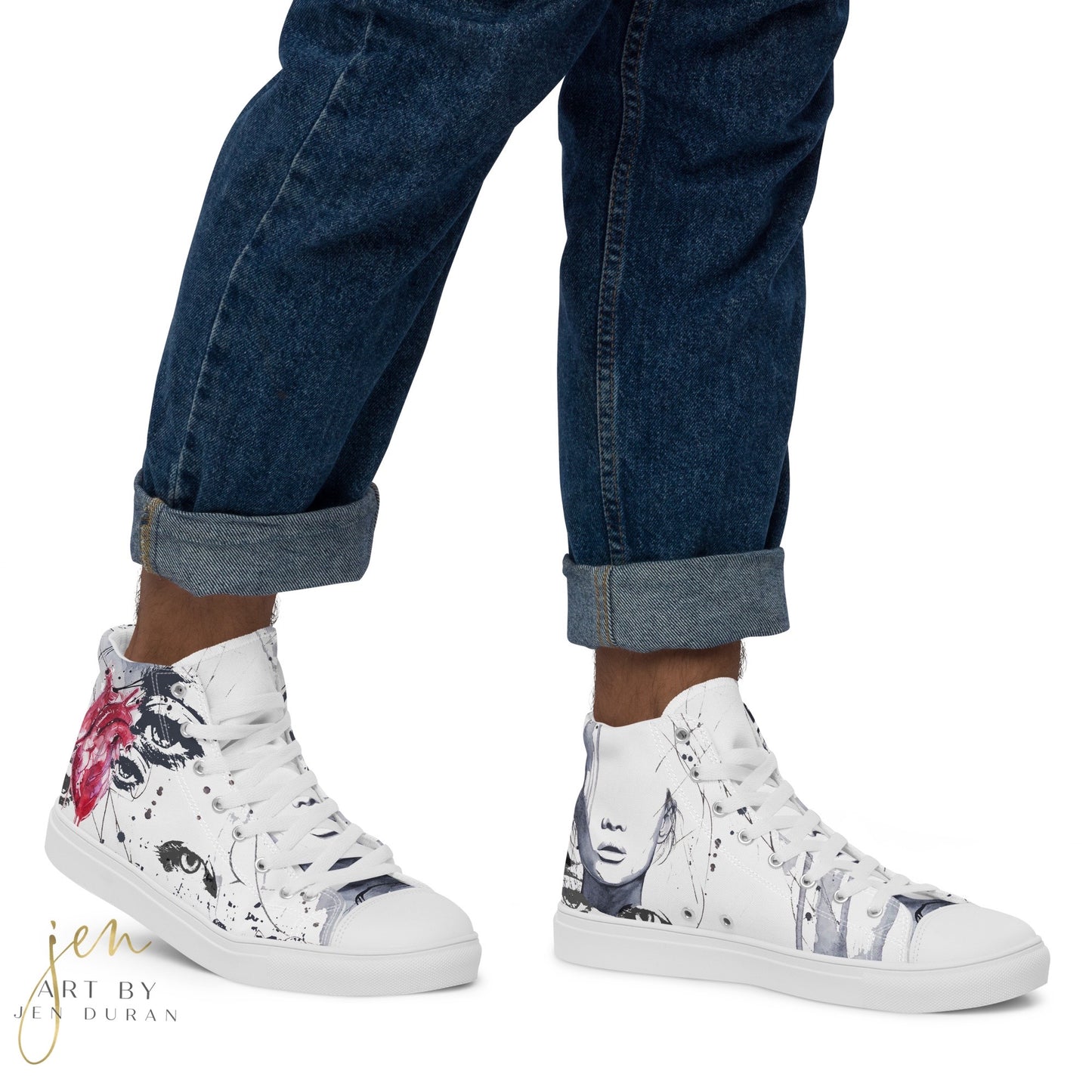 high top shoes, high top sneakers, canvas shoes, pride shoes, rainbow design, trendy fashion, unique shoe design, mens shoes, womens shoes, art by jen duran