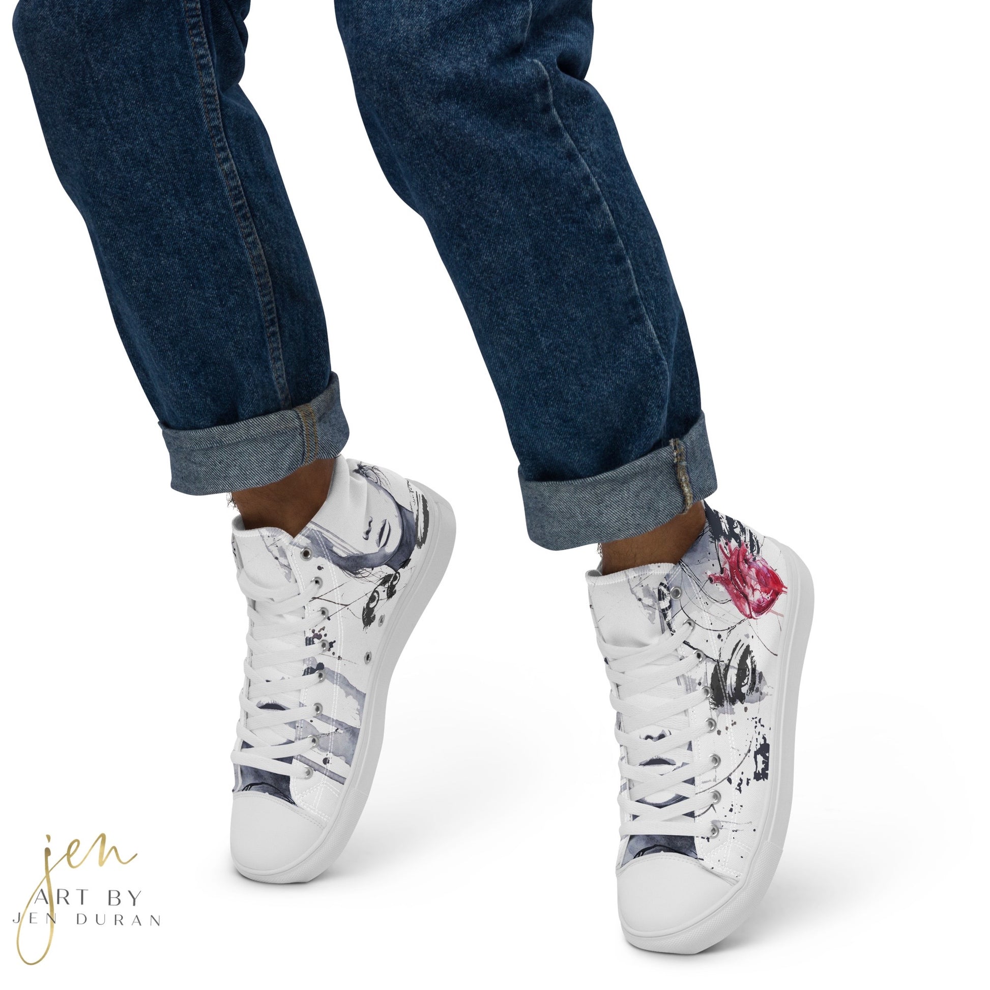 high top shoes, high top sneakers, canvas shoes, pride shoes, rainbow design, trendy fashion, unique shoe design, mens shoes, womens shoes, art by jen duran