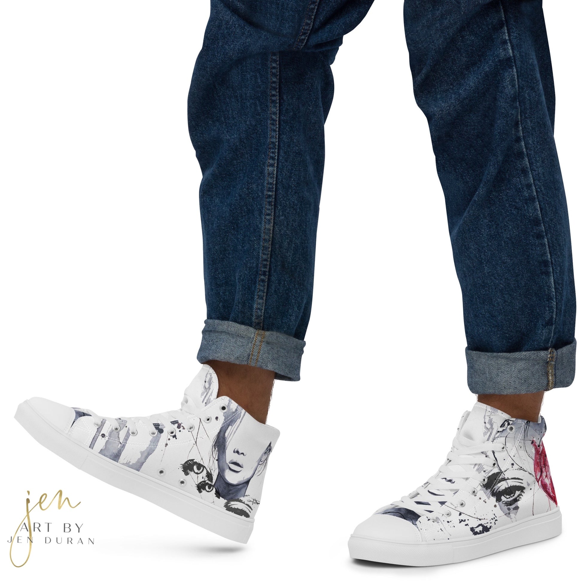 high top shoes, high top sneakers, canvas shoes, pride shoes, rainbow design, trendy fashion, unique shoe design, mens shoes, womens shoes, art by jen duran