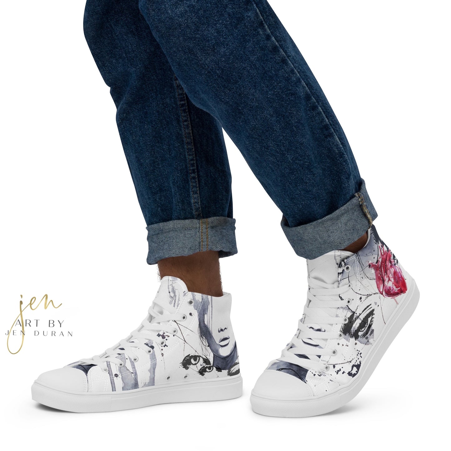 high top shoes, high top sneakers, canvas shoes, pride shoes, rainbow design, trendy fashion, unique shoe design, mens shoes, womens shoes, art by jen duran
