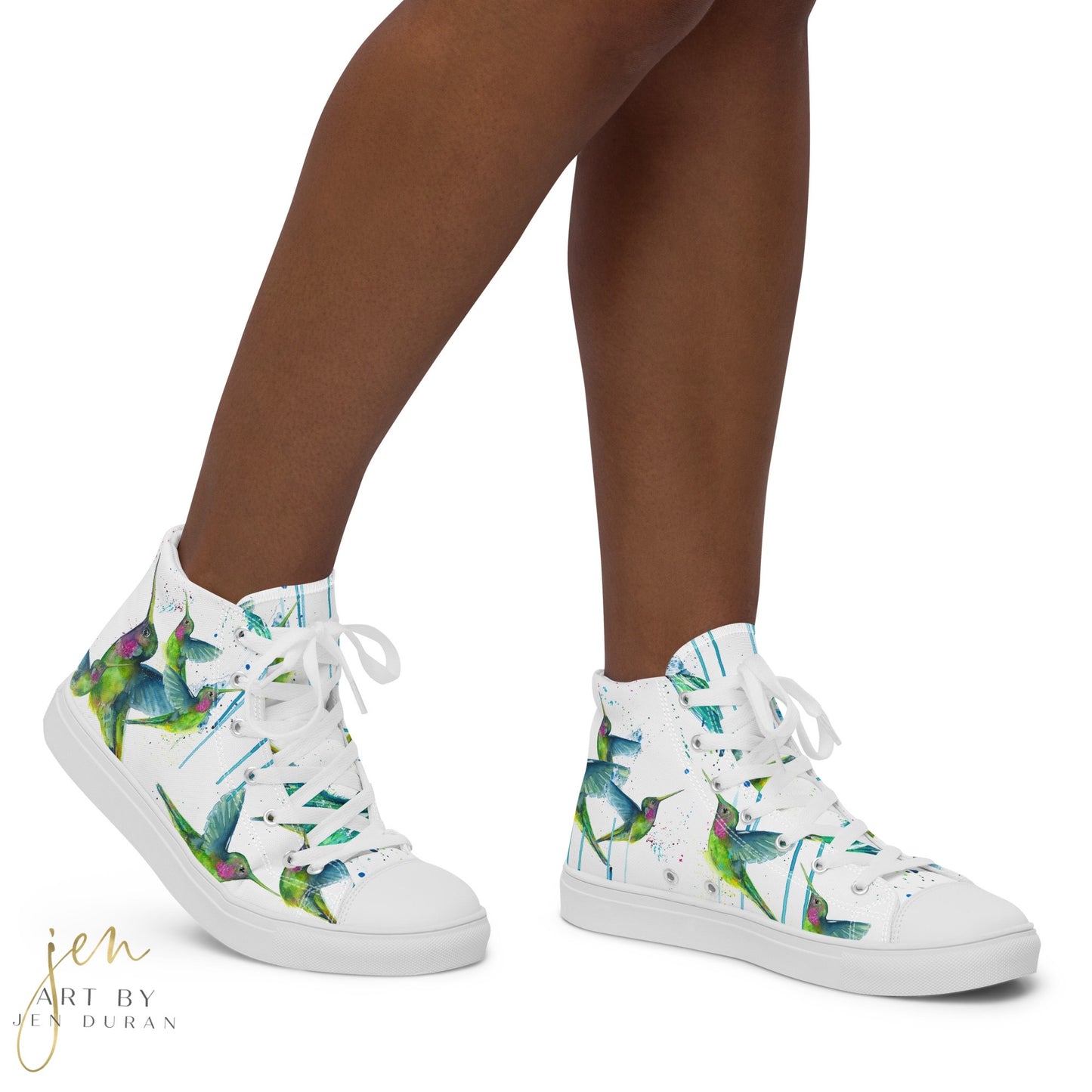 high top shoes, high top sneakers, canvas shoes, trendy shoes, watercolor hummingbird, popular shoes, unique shoe design, mens shoes, womens shoes, trendy fashion, art by jen duran