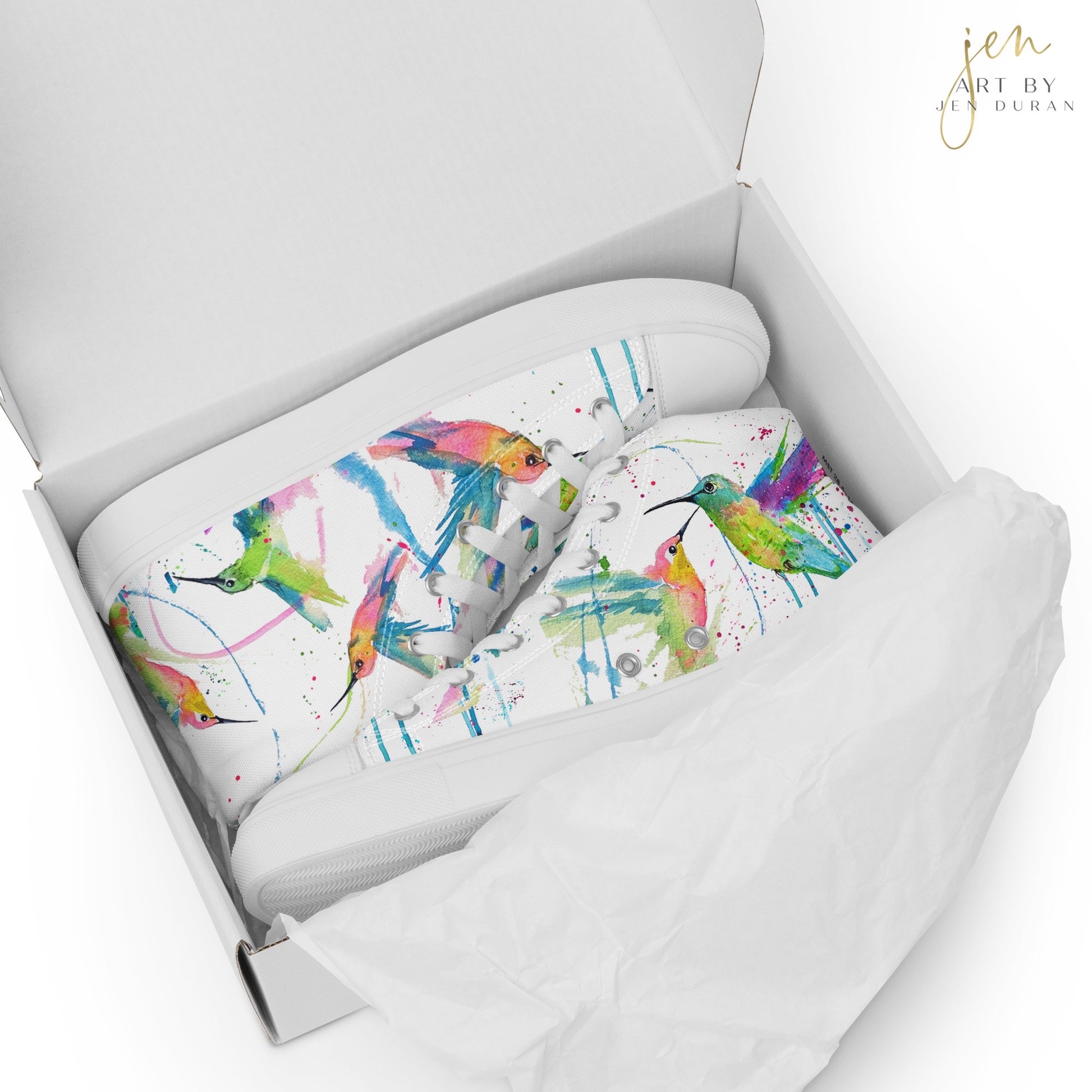 high top shoes, high top sneakers, canvas shoes, trendy shoes, watercolor hummingbird, popular shoes, unique shoe design, mens shoes, womens shoes, trendy fashion, art by jen duran