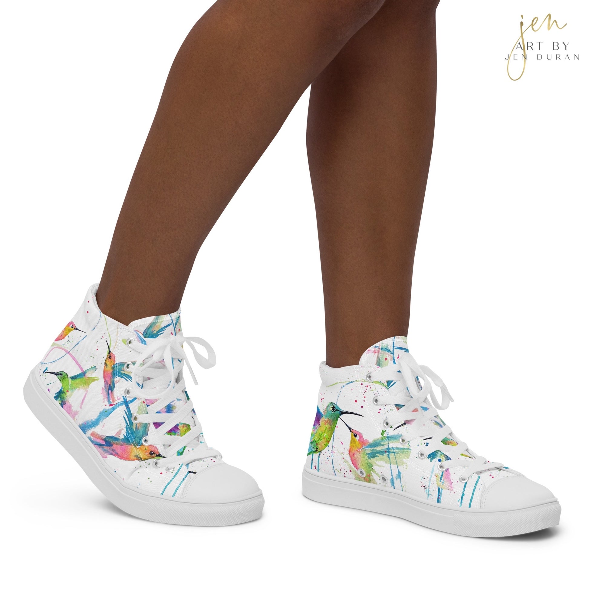 high top shoes, high top sneakers, canvas shoes, trendy shoes, watercolor hummingbird, popular shoes, unique shoe design, mens shoes, womens shoes, trendy fashion, art by jen duran