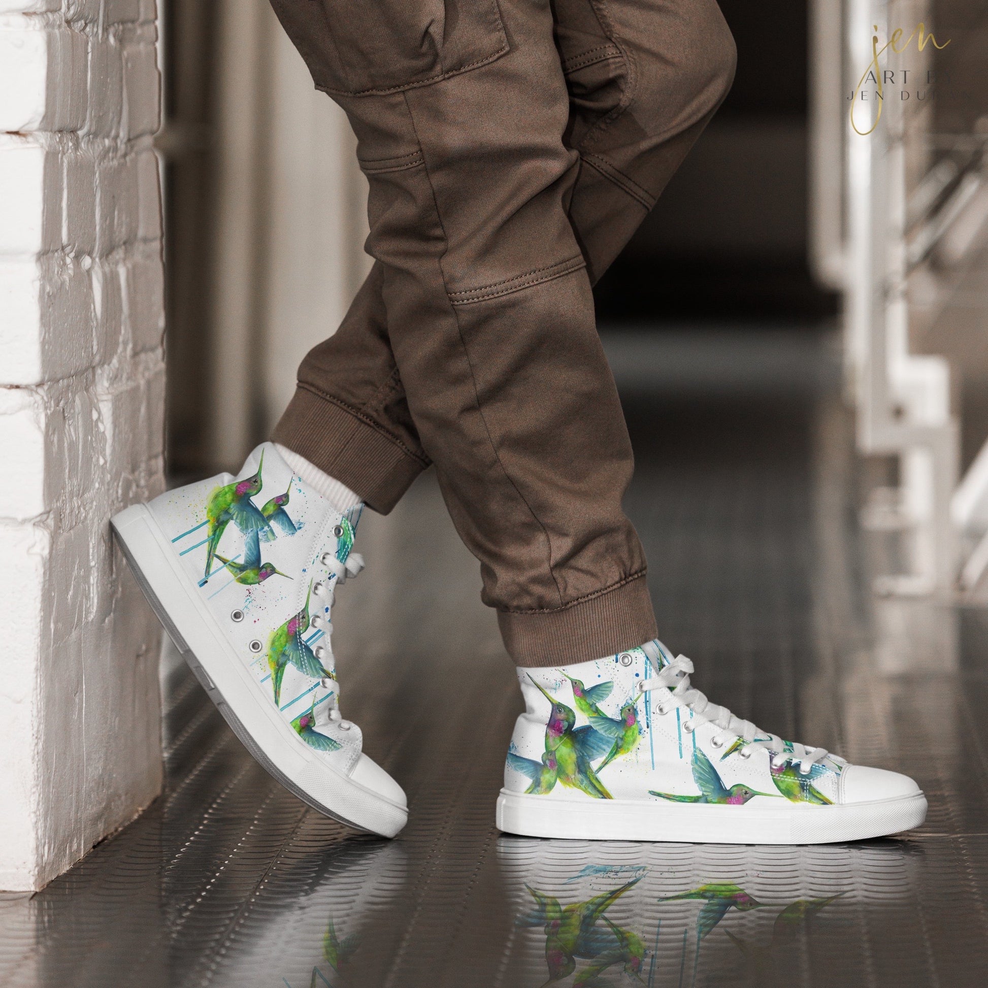 high top shoes, high top sneakers, canvas shoes, trendy shoes, watercolor hummingbird, popular shoes, unique shoe design, mens shoes, womens shoes, trendy fashion, art by jen duran