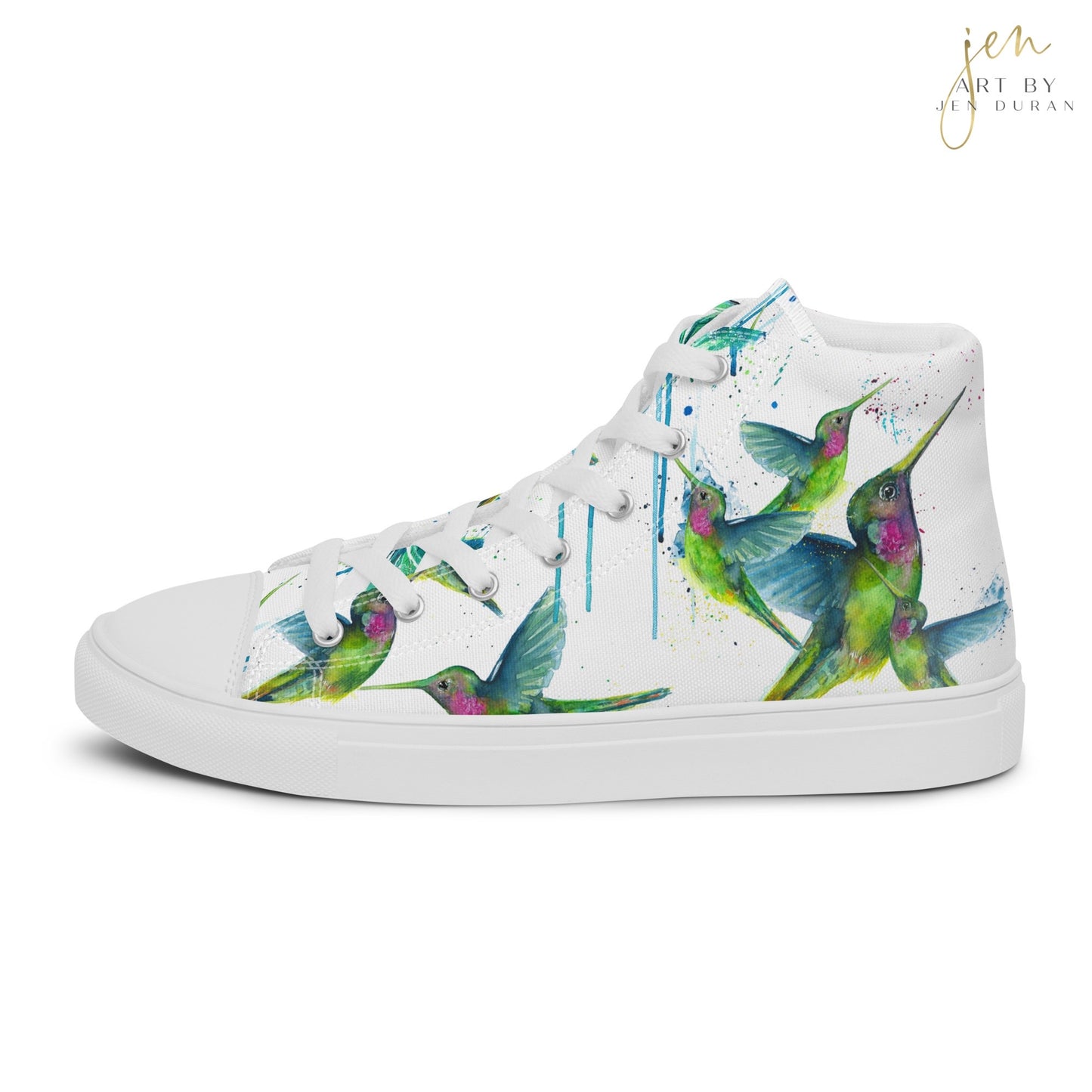 high top shoes, high top sneakers, canvas shoes, trendy shoes, watercolor hummingbird, popular shoes, unique shoe design, mens shoes, womens shoes, trendy fashion, art by jen duran