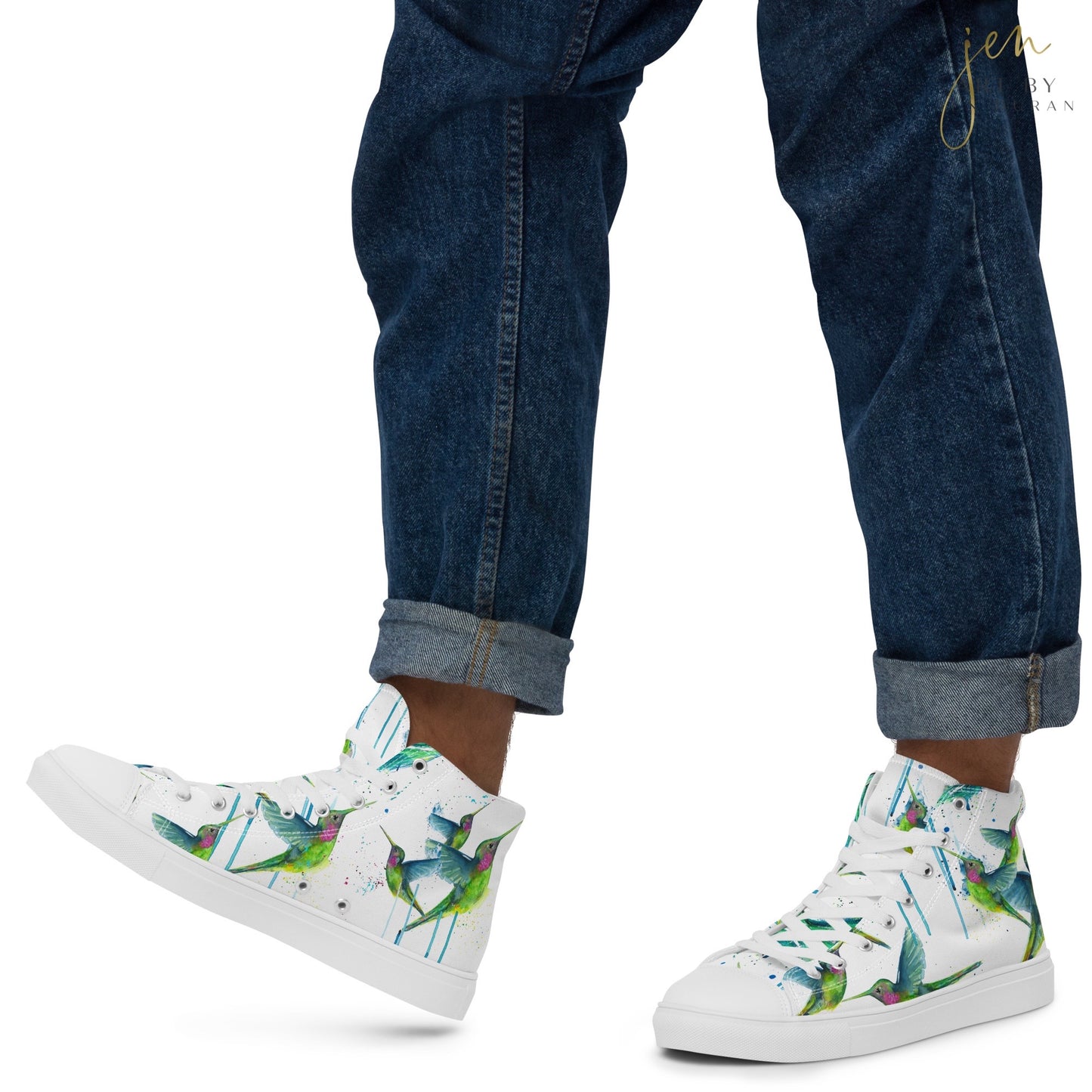 high top shoes, high top sneakers, canvas shoes, trendy shoes, watercolor hummingbird, popular shoes, unique shoe design, mens shoes, womens shoes, trendy fashion, art by jen duran