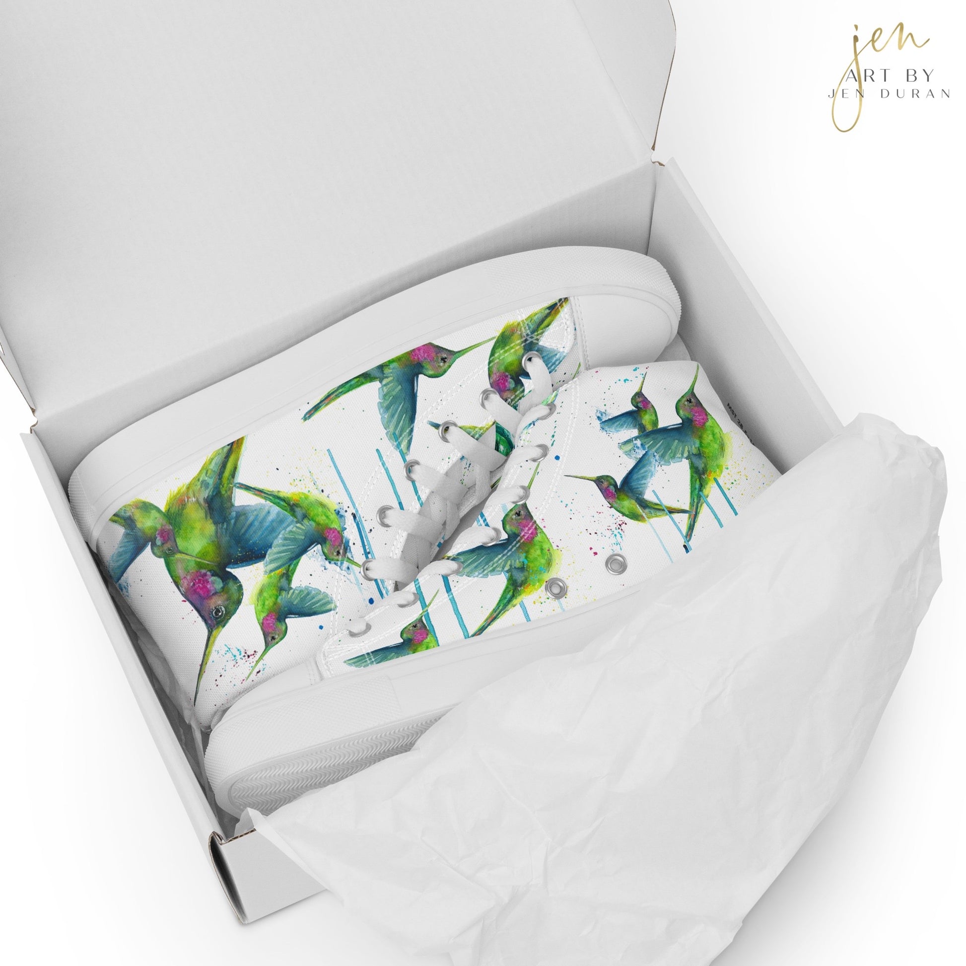 high top shoes, high top sneakers, canvas shoes, trendy shoes, watercolor hummingbird, popular shoes, unique shoe design, mens shoes, womens shoes, trendy fashion, art by jen duran