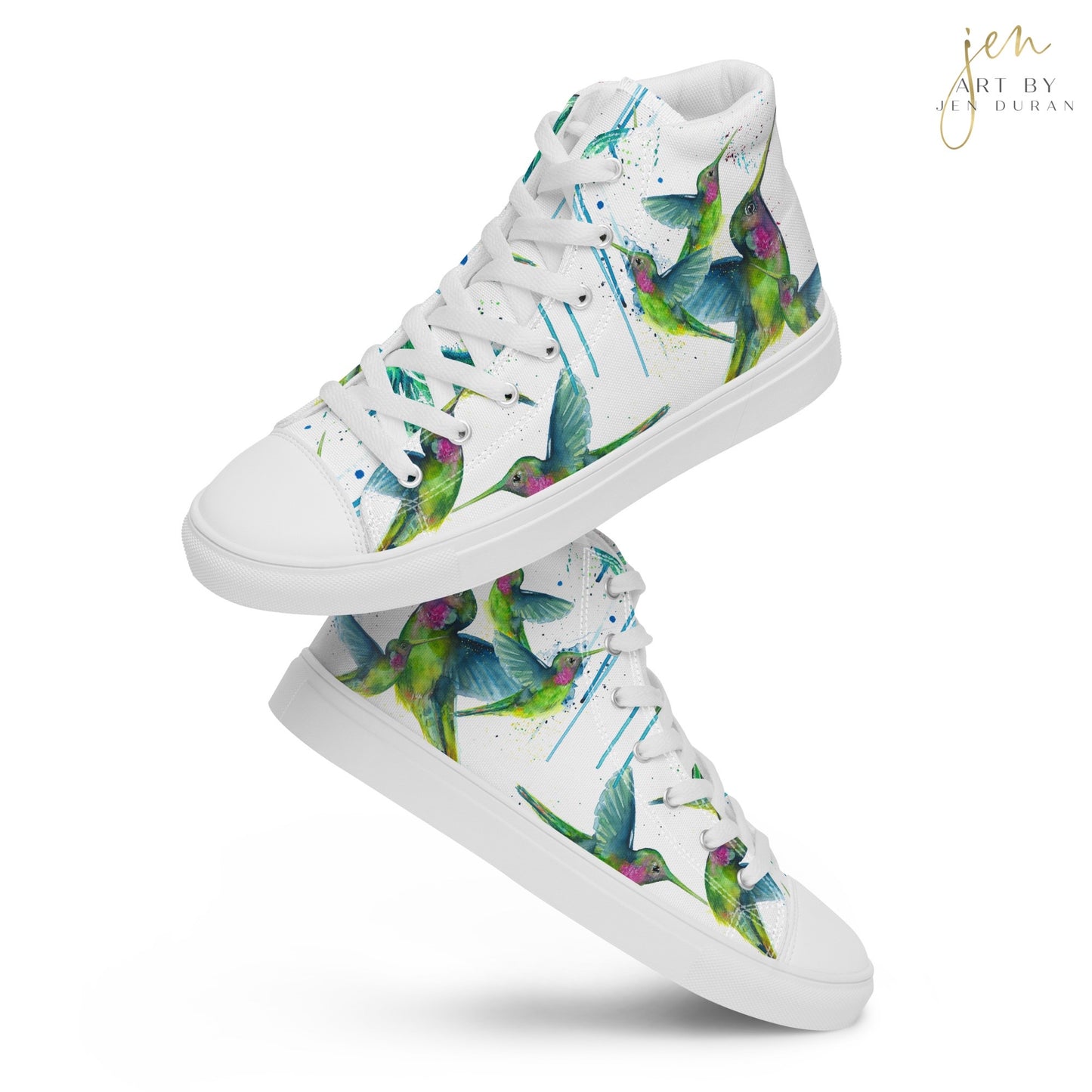 high top shoes, high top sneakers, canvas shoes, trendy shoes, watercolor hummingbird, popular shoes, unique shoe design, mens shoes, womens shoes, trendy fashion, art by jen duran