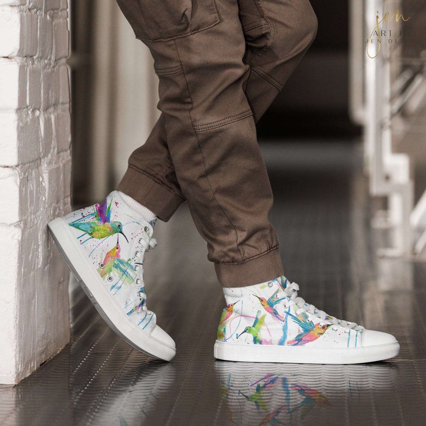 Men’s High Top Canvas Shoes | High Top Sneakers | Watercolor Hummingbird Design