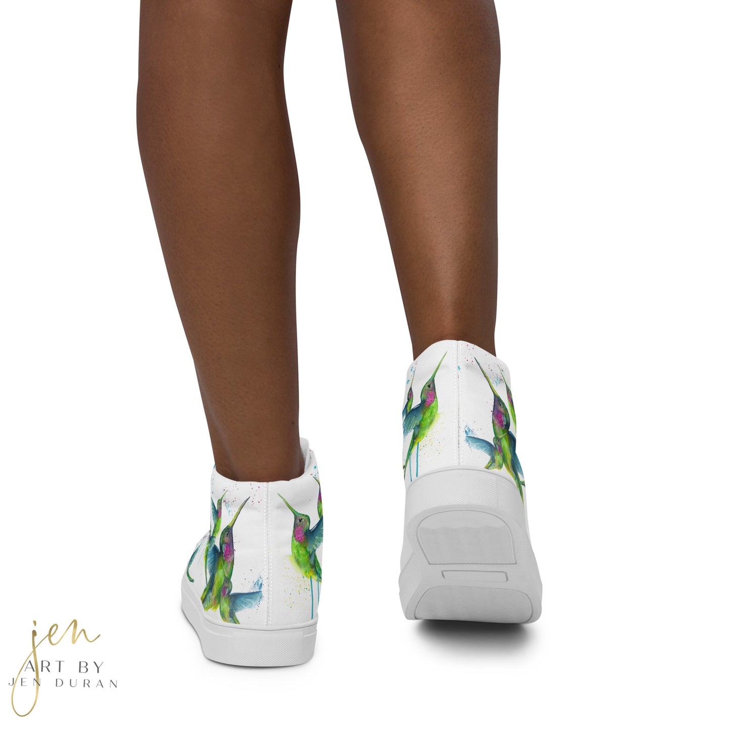 high top shoes, high top sneakers, canvas shoes, trendy shoes, watercolor hummingbird, popular shoes, unique shoe design, mens shoes, womens shoes, trendy fashion, art by jen duran
